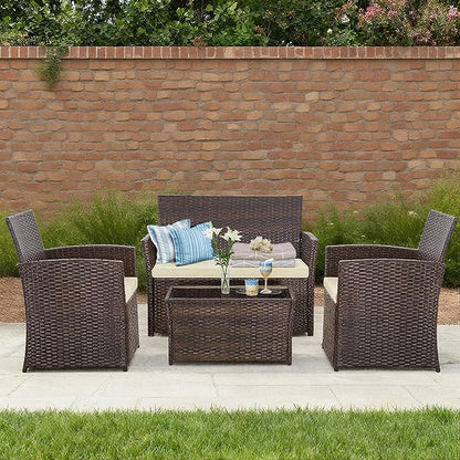 4 Piece Patio Furniture Set, Outdoor Wicker Conversation Set, Rattan Sectional Sofa Couch with Glass Coffee Table & Thick Cushion for Backyard, Porch, Garden, Poolside, Brown/Beige