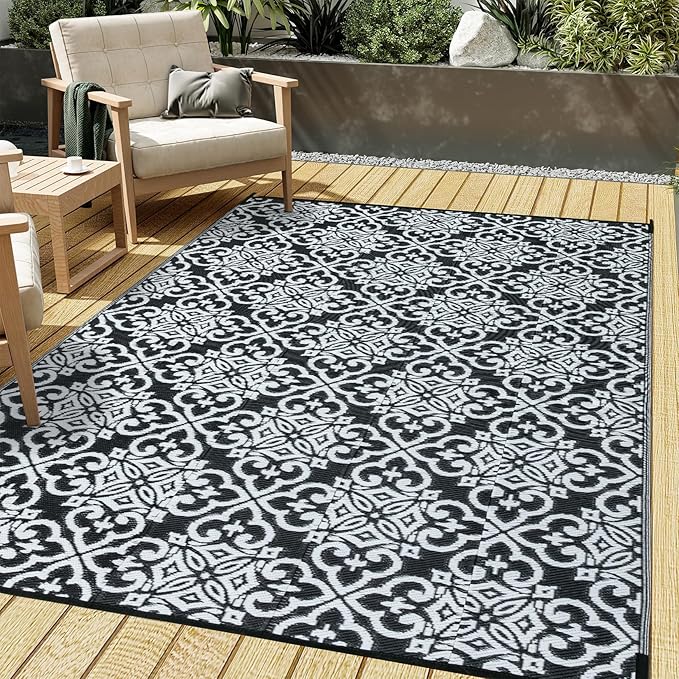 HUGEAR Outdoor Rug for Patios Clearance,Waterproof Mat,Large Outside Carpet,Reversible Plastic Straw Camping Rugs,Rv,Porch,Deck,Camper,Balcony,Backyard (5x8,Danica/Black&White)