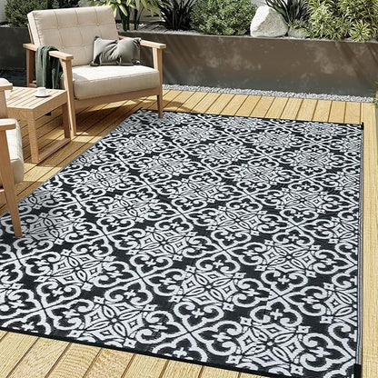 HUGEAR Outdoor Rug for Patios Clearance,Waterproof Mat,Large Outside Carpet,Reversible Plastic Straw Camping Rugs,Rv,Porch,Deck,Camper,Balcony,Backyard (5x8,Danica/Black&White)