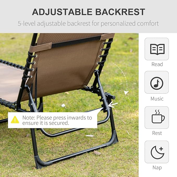 Outdoor Lounge Chair, Tanning Chair with Sunshade Roof, Adjustable Backrest Folding Chaise Lounge with Pillow Headrest for Outside, Beach, Camping, Hiking (No Sunshade Roof, Brown)