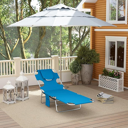 Outsunny Chaise Lounge Chair Outdoor w/Face Arm Hole Light Blue | 5-Position Reclining, Face Down, Carry Strap, Side Pocket, Portable, Folding Tanning Bed Cot, for Patio Beach Pool