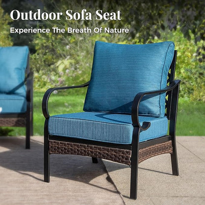 Patio Furniture Set with Firepit Table, Black Frame Outdoor Conversation Set with 4 x Fixed Chairs, 1 x 3-Seat Sofa for Lawn Garden Backyard, Pacific Blue