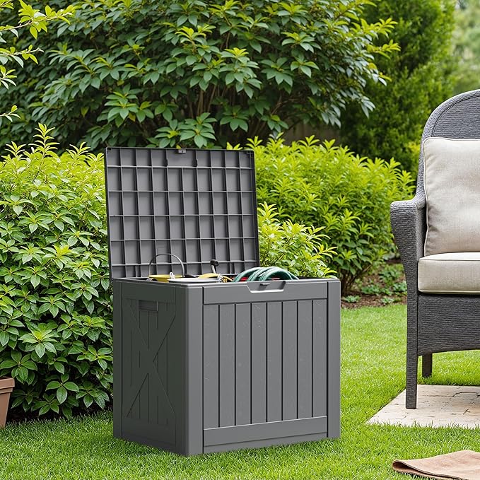 Flamaker Resin Deck Box 40 Gallon Waterproof Outdoor Indoor Storage Box Imitation Wood Resin for Patio Furniture Garden Tools and Pool (Gray)