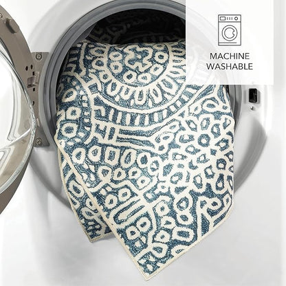 Dash and Albert Temple Ink Machine Washable Area Rug - 2' x 3' Blue - Geometric Accent Rug - Anti-Slip Backing, Lightweight, Machine Washable, High Traffic Areas Kitchen, Mudroom, Laundry Room