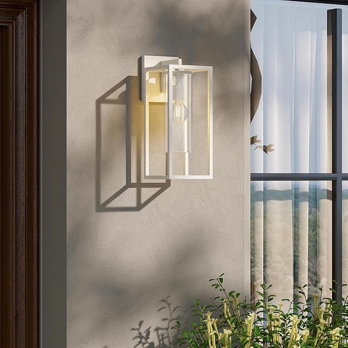 15.7 Inch Outdoor Wall Lights, Outdoor Wall Lantern with Circular Clear Glass Shade, Waterproof Exterior Lighting Fixtures, Modern Front Porch Lighting for House, Garage, E26 Base, ETL Listed, White