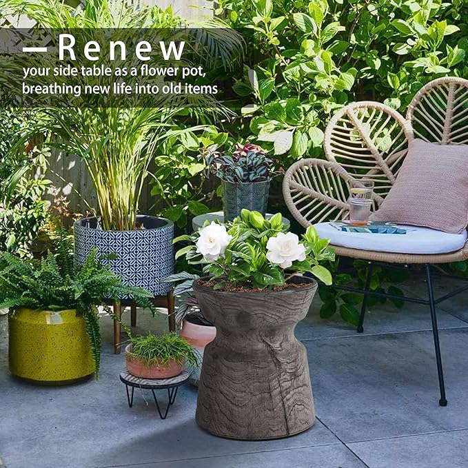 Afterglow Terrafab Material Round Side Table, Natural Wood Look Decorative Garden Stools for Living Room Bedroom Patio Home Decor,Wood Grain Grey