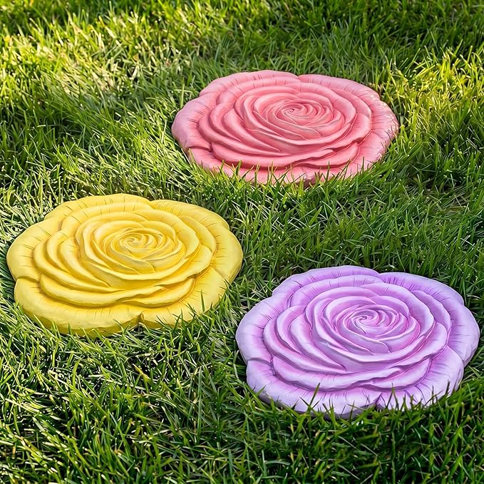 Cinnvoice 3 Pack Garden Stepping Stone Outdoor, Decorative Dimensional Resin Stepping Stones for Patio Pathway Landscaping Walkway Sculpture Yard Backyard Lawn(Rose,10 Inches)