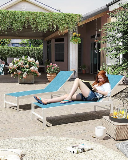 Crestlive Products Lounge Chair Outdoor Set of 2, Aluminum Pool Chaise Lounge Chairs, Adjustable Five-Position Tanning Recliner, All Weather for Patio, Beach, Yard, Pool (Blue)