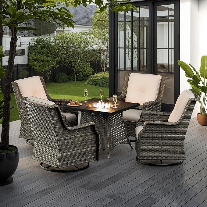 5-Piece Patio Furniture Set Includes 4 Swivel Rocker Chair and 1 Fire Pit, Wicker Conversation Set with Cushion Beige