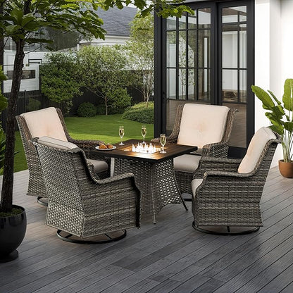 5-Piece Patio Furniture Set Includes 4 Swivel Rocker Chair and 1 Fire Pit, Wicker Conversation Set with Cushion Beige