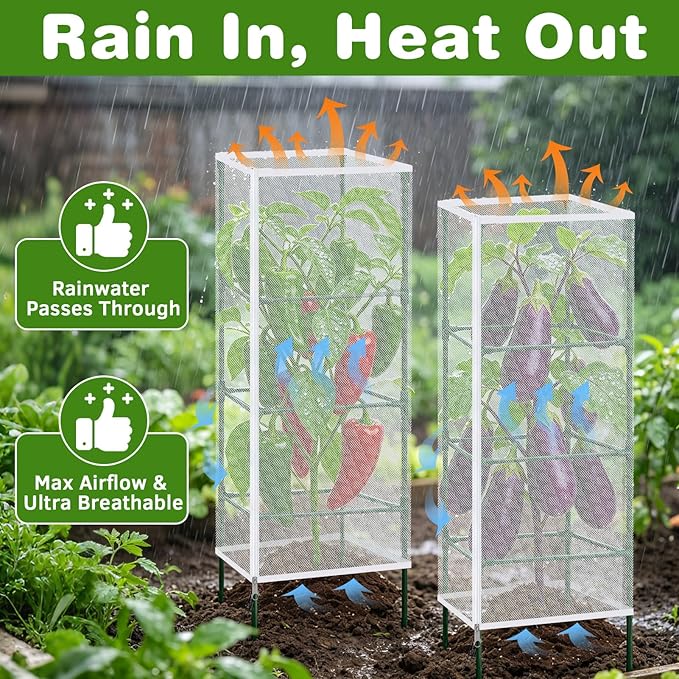 3 Pack Garden Bird Netting Plant Cover for Square Tomato Cages Protection, 59"x18" Insect Bird Barrier Garden Plant Netting Tomato Trellis Protective Cover with Zipper & Drawstring