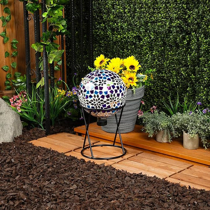 Alpine Corporation HMD218 Mosaic Gazing Globe with Mirrored Floral Pattern Decoration for Garden, Patio, and Lawn, 12" H