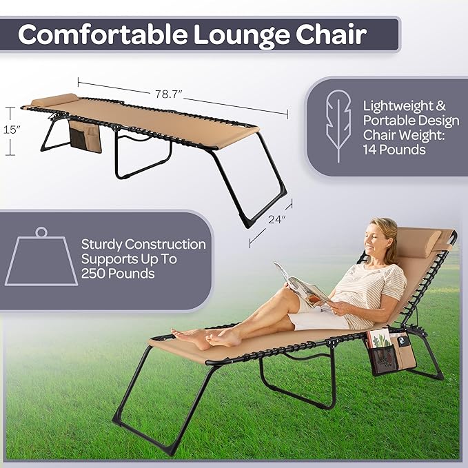Lavish Home Folding Lounge Chair Outdoor Recliner - 3 Position Chaise Lounge Outdoor Beach Tanning Chair with Side Pocket and Removable Pillow - Portable Patio Furniture for Pool or Lawn (Beige)