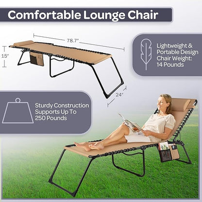 Lavish Home Folding Lounge Chair Outdoor Recliner - 3 Position Chaise Lounge Outdoor Beach Tanning Chair with Side Pocket and Removable Pillow - Portable Patio Furniture for Pool or Lawn (Beige)