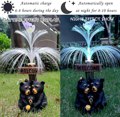 Solar Bear Garden Statues,Resin Black Bear Family Figurine with Welcome Card and 7-Color Changing Optical Fiber with Solar Lights, Lawn Decor Outdoor Statue for Patio,Balcony,Yard,Lawn