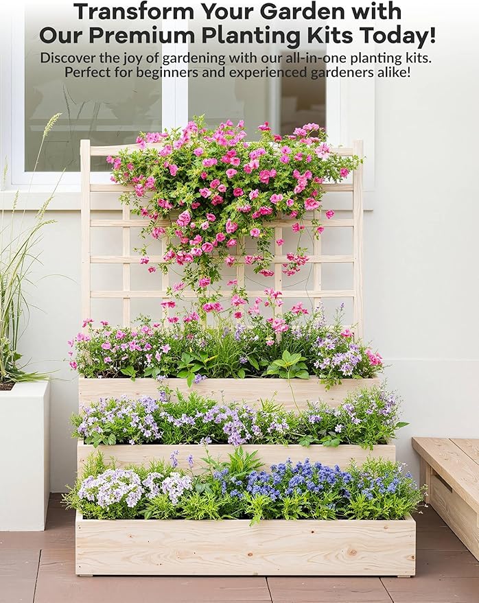 GarveeLife 3 Tier Raised Garden Bed with Trellis, Wooden Vertical Planters with Open-Ended Base for Climbing Plants Vines Flower Herb Vegetable Fruit, Outdoor Planter Boxes for Patio Yard Lawn