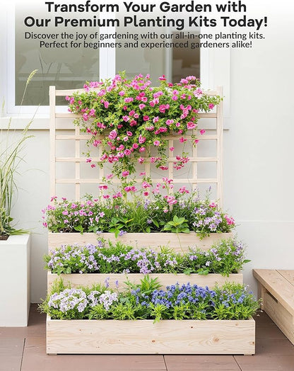 GarveeLife 3 Tier Raised Garden Bed with Trellis, Wooden Vertical Planters with Open-Ended Base for Climbing Plants Vines Flower Herb Vegetable Fruit, Outdoor Planter Boxes for Patio Yard Lawn