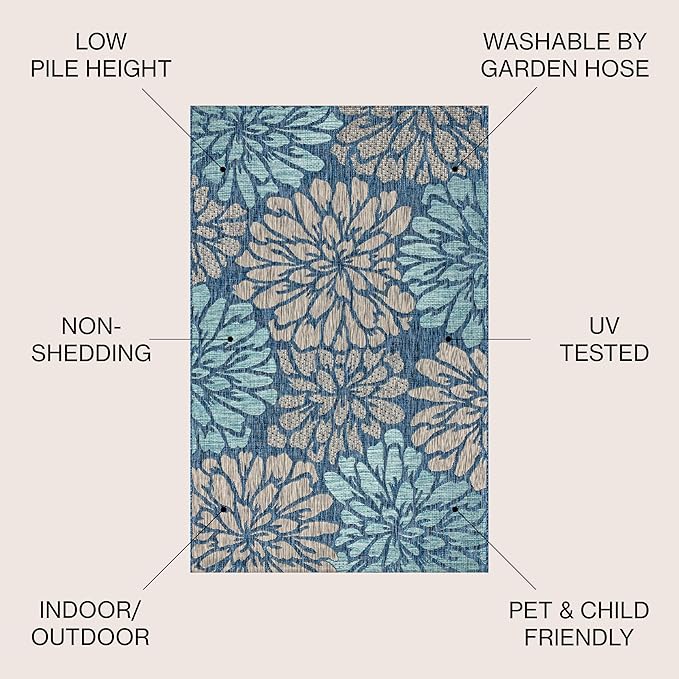 JONATHAN Y Floral Textured Weave Indoor Outdoor Square Area Rug 4X4 Navy/Aqua, Zinnia Modern for Backyard, Patio, Porch, Easy-Cleaning, High Traffic, Pet-Friendly, Non-Shedding (SMB110C-4SQ)