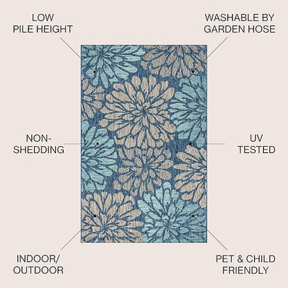 JONATHAN Y Floral Textured Weave Indoor Outdoor Square Area Rug 4X4 Navy/Aqua, Zinnia Modern for Backyard, Patio, Porch, Easy-Cleaning, High Traffic, Pet-Friendly, Non-Shedding (SMB110C-4SQ)