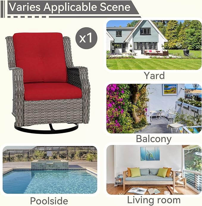 Swivel Patio Chair Outdoors - 360 Degree, Glider Chair with 3.5" Olefin Fabric Cushions (Mixed Grey Rattan/Red)