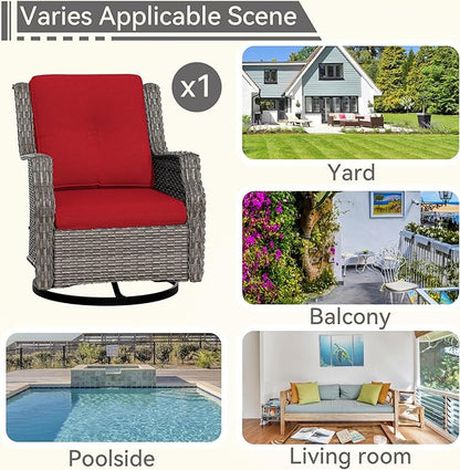 Swivel Patio Chair Outdoors - 360 Degree, Glider Chair with 3.5" Olefin Fabric Cushions (Mixed Grey Rattan/Red)
