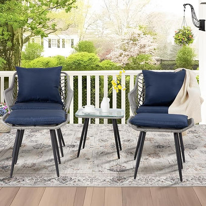 5 Piece Patio Furniture Set, Outdoor Wicker Small Conversation Bistro Set, All-Weather PE Rattan Chairs with Ottoman & Coffee Table, Ideal for Balcony Porch Deck Yard Poolside (Grey/Blue)