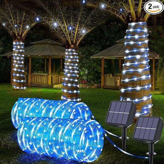Solar Rope Lights, 2 Packs Total 132ft 400LED Solar String Lights, 8 Modes Waterproof Solar Powered Outdoor Light, Flexible Clear Tube Light for Garden Yard Patio Deck Porch Tree Xmas Decor-White&Blue