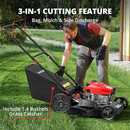 AMERISUN 21-Inch 3-in-1 Gas Push Lawn Mower with 144cc 4-Stroke OHV Engine, 6-Position Adjustable Cutting Height, Large 1.4 Bushel Grass Catcher, Side Discharge & Mulching, Lightweight Easy Storage