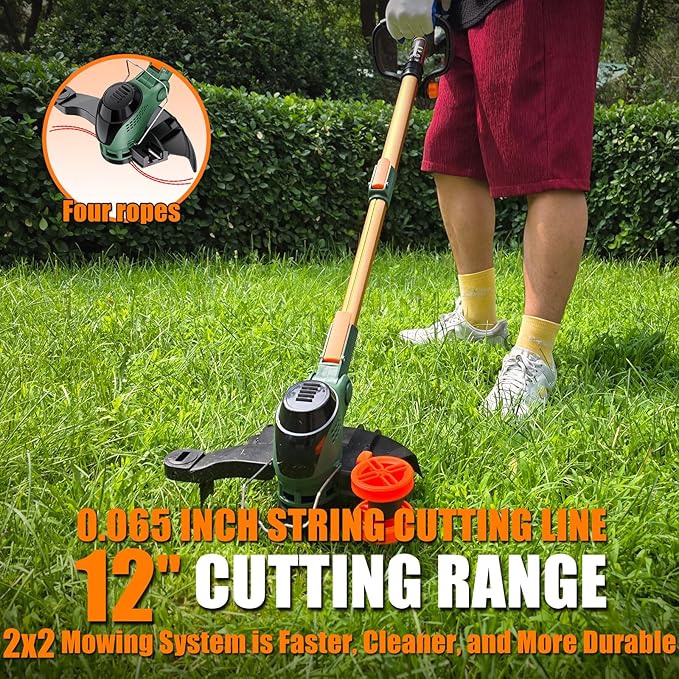 12-Inch String Trimmer Cordless,(2 x 21V 5.0Ah Batteries & Charger), Trimmer/Edger/Brush Cutter 3-in-1, Electric Weed Wacker with 2x2 Mowing Grass System, 3 Cutting Methods(WEG21A)