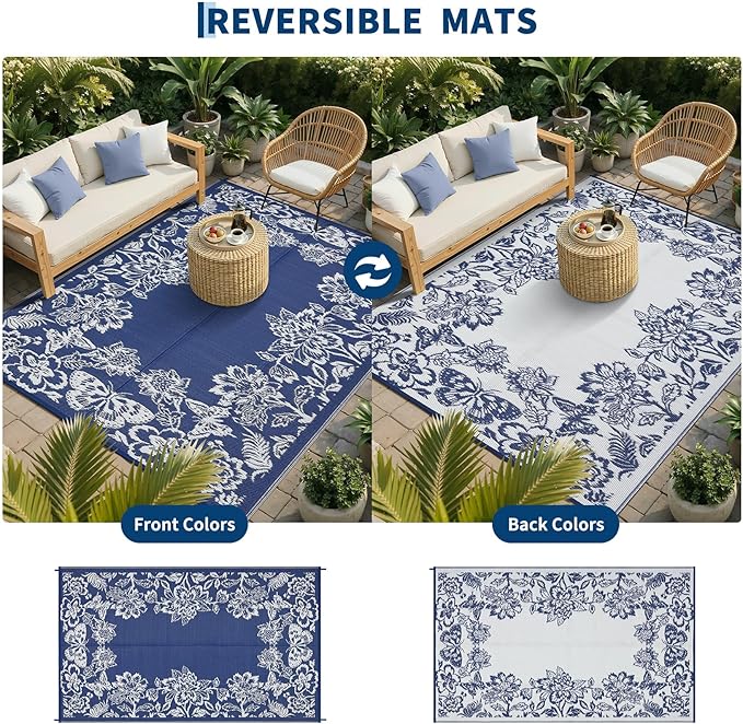 Garvee 5’x8’ Waterproof Patio Outdoor Rug, Outdoor Plastic Straw Rug for Camping, RV Mat Outside, Indoor Outdoor Carpet for Porch, Deck, Backyard, Balcony, Picnic, Navy & White