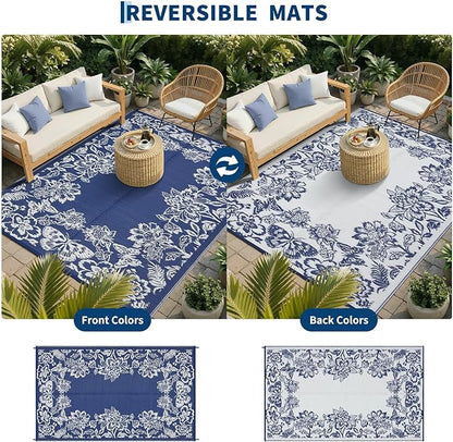 Garvee 5’x8’ Waterproof Patio Outdoor Rug, Outdoor Plastic Straw Rug for Camping, RV Mat Outside, Indoor Outdoor Carpet for Porch, Deck, Backyard, Balcony, Picnic, Navy & White