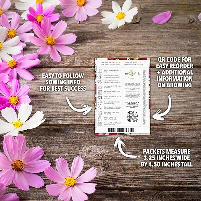 Seed Needs Cosmos Seeds Variety Pack of 8 Flowers for a Butterfly Garden