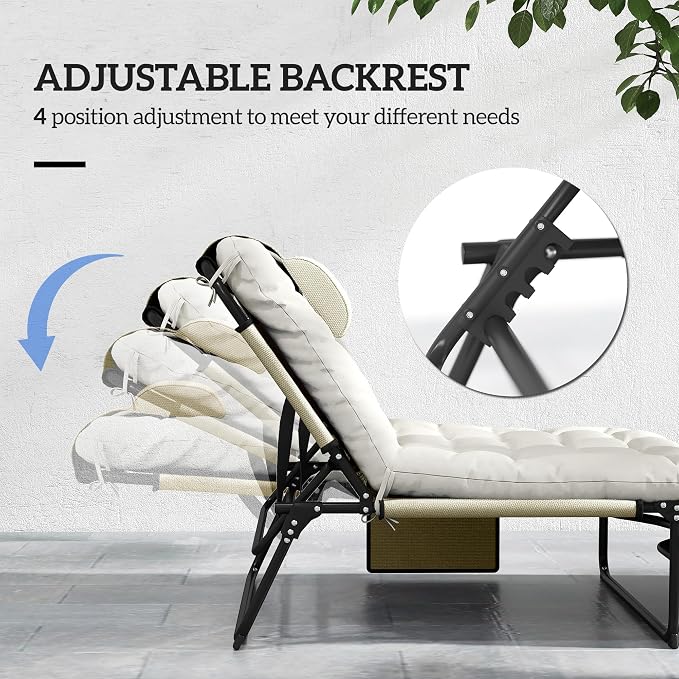 Outsunny Folding Chaise Lounge with 4-Level Reclining Back, Outdoor Tanning Chair with Cushion, Outdoor Lounge Chair with Breathable Mesh Fabric, Side Pocket, Headrest, Beige