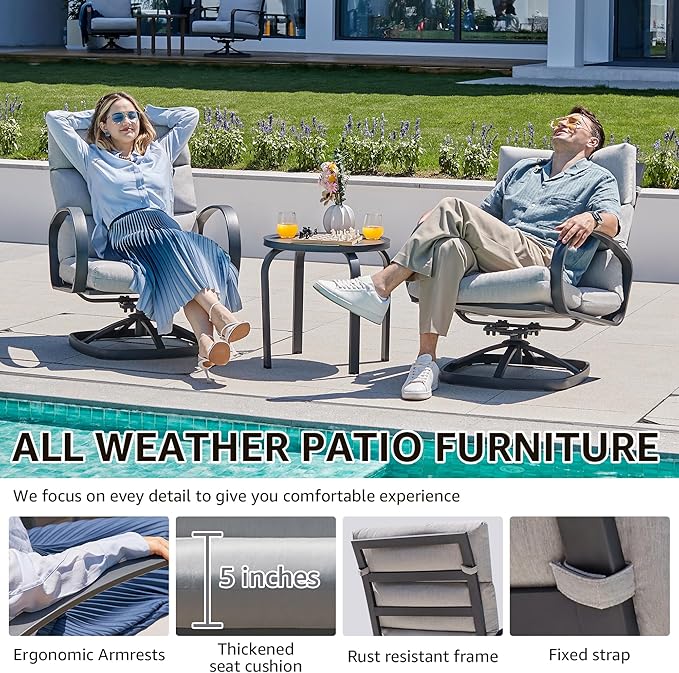 NATURAL EXPRESSIONS Patio Bistro Set, 3 Piece Outdoor Swivel Glider Rocking Chairs, Conversation Furniture with 2 Highback Rockers, 1 Table and 5" Cushion for Backyard,Porch,Yard,350lb. (Grey)