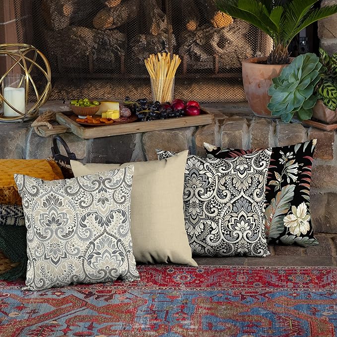 Arden Outdoor Throw Pillow, 16x16 Patio Accent Cushion, Water & UV Resistant, Fade Resistant Outdoor Decorative Pillow with Recycled Polyfiber Fill, Neutral Aurora Damask