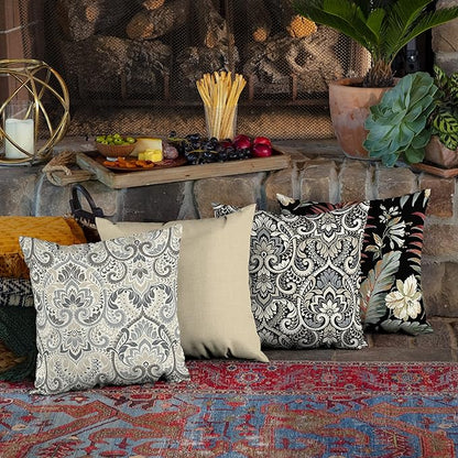 Arden Outdoor Throw Pillow, 16x16 Patio Accent Cushion, Water & UV Resistant, Fade Resistant Outdoor Decorative Pillow with Recycled Polyfiber Fill, Neutral Aurora Damask