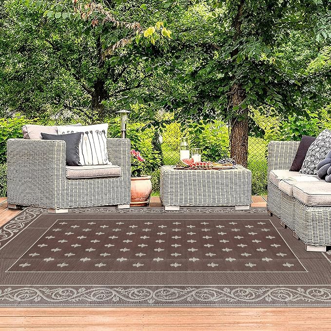 Pauwer Waterproof Outdoor Rug 6x9, Reversible Plastic Straw Patio Camping Rug, Indoor Outdoor RV Mat Carpet for Deck, Camper, Porch, Balcony, Backyard, Picnic, Bordered Brown
