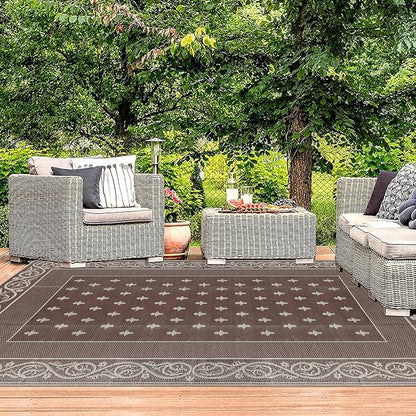 Pauwer Waterproof Outdoor Rug 6x9, Reversible Plastic Straw Patio Camping Rug, Indoor Outdoor RV Mat Carpet for Deck, Camper, Porch, Balcony, Backyard, Picnic, Bordered Brown