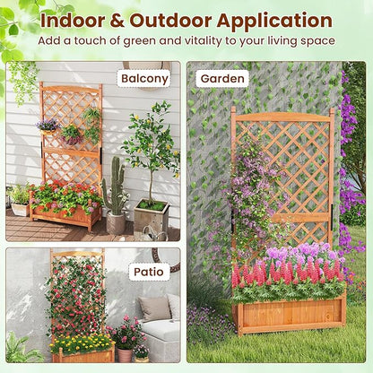 Giantex Raised Garden Bed with Trellis Set of 2, 60" Wooden Planter Container w/Drainage Holes, High Trellis for Plant Flower Climbing Pot Hanging, Indoor Outdoor Planter Box for Yard Garden Balcony