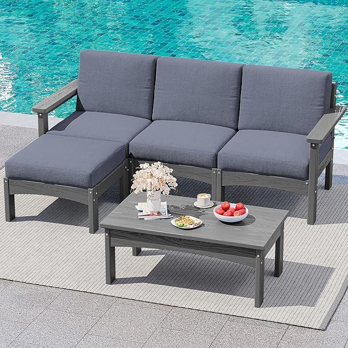 SERWALL 5-Piece Patio Sofas, All-Weather HDPE Outdoor Sectional Sofa with Cushions and Coffee Table, Large Modular Patio Conversation Set for Garden, Lawn, Deck, Porch, Grey Frame with Grey Cushion