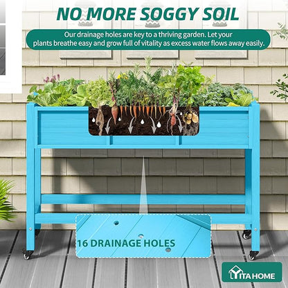 YITAHOME Raised Garden Bed HDPE, 47x18x31In Raised Flower Bed Poly-Wood Weather-Resistant Elevated Planter Box with Lockable Wheels for Vegetables, Aruba Blue