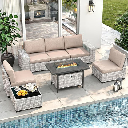 7 Piece Outdoor Wicker Rattan Sectional Sofa Set with Fire Pit Table, 5-Seats Conversation Set with 4" Thickened Cushions & Coffee Table, All-Weather PE Rattan for Garden, Backyard, Porch, Beige