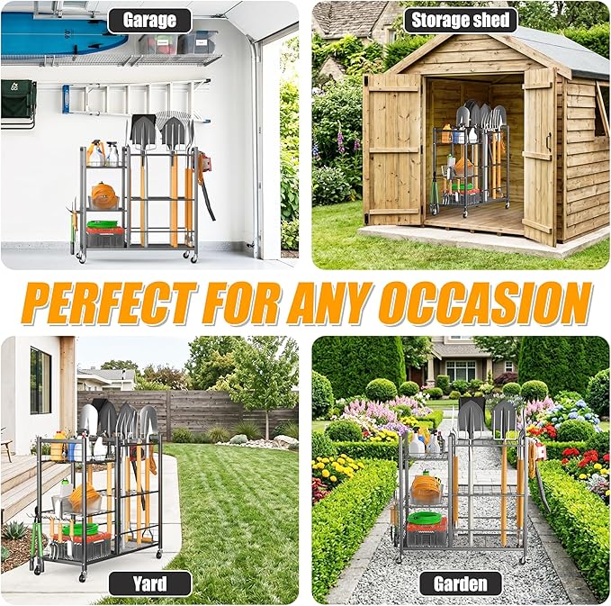 Ultrawall Garden Tool Organizer with Lockable Wheels, Yard Tool Storage Rack for Garage, Garden Tool Stand for Rake, Brooms, Indoor & Outdoor Use