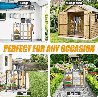 Ultrawall Garden Tool Organizer with Lockable Wheels, Yard Tool Storage Rack for Garage, Garden Tool Stand for Rake, Brooms, Indoor & Outdoor Use