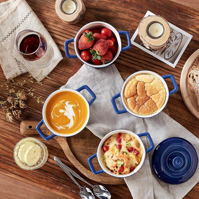 Lareina Mini Cocotte - 12oz Ceramic Casserole Dishes - Kitchen Casserole Sets With Handles And Lid - Small Baking Ramekins - Oven, Microwave & Dishwasher Safe - Set of 4 - Blue | Small casserole ramekins with handles, oven, microwave & dishwasher safe....