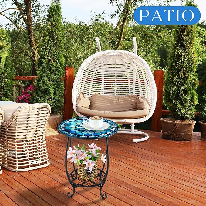 Cinnvoice Outdoor Side Table Round Small Mosaic Patio Accent Indoor End Plant Coffee Tea Table for Yard Patio Porch Garden Living Room, Bedroom(Mandala Flower Style,14 Inch)