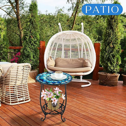 Cinnvoice Outdoor Side Table Round Small Mosaic Patio Accent Indoor End Plant Coffee Tea Table for Yard Patio Porch Garden Living Room, Bedroom(Mandala Flower Style,14 Inch)