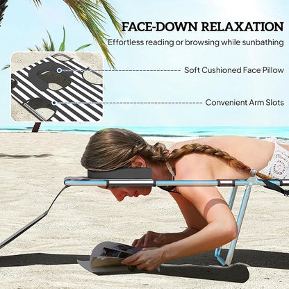 Outsunny Chaise Lounge Chairs Set of 2 Outdoor with Face Arm Hole, 5-Position Reclining Face Down Tanning Chairs with Carry Strap, Side Pocket, Portable Folding Bed Cot for Patio Pool, Black Stripe