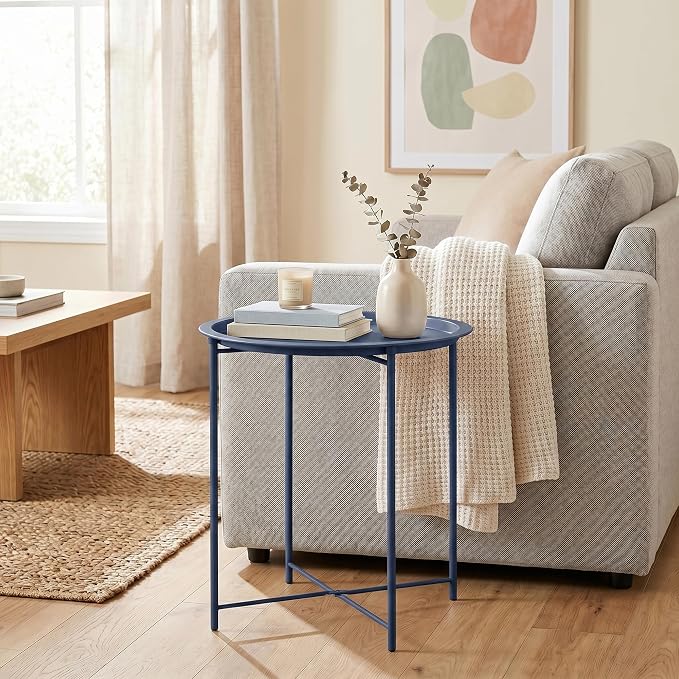 VECELO Side/End Table, Folding Round Metal Anti-Rust and Waterproof Outdoor or Indoor Tray for Living Room Bedroom Balcony and Office, 2 PCS, Blue