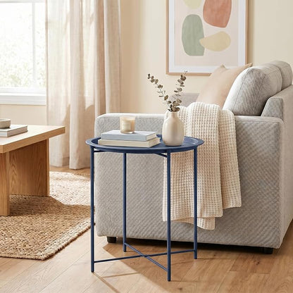 VECELO Side/End Table, Folding Round Metal Anti-Rust and Waterproof Outdoor or Indoor Tray for Living Room Bedroom Balcony and Office, 1 PCS, Blue